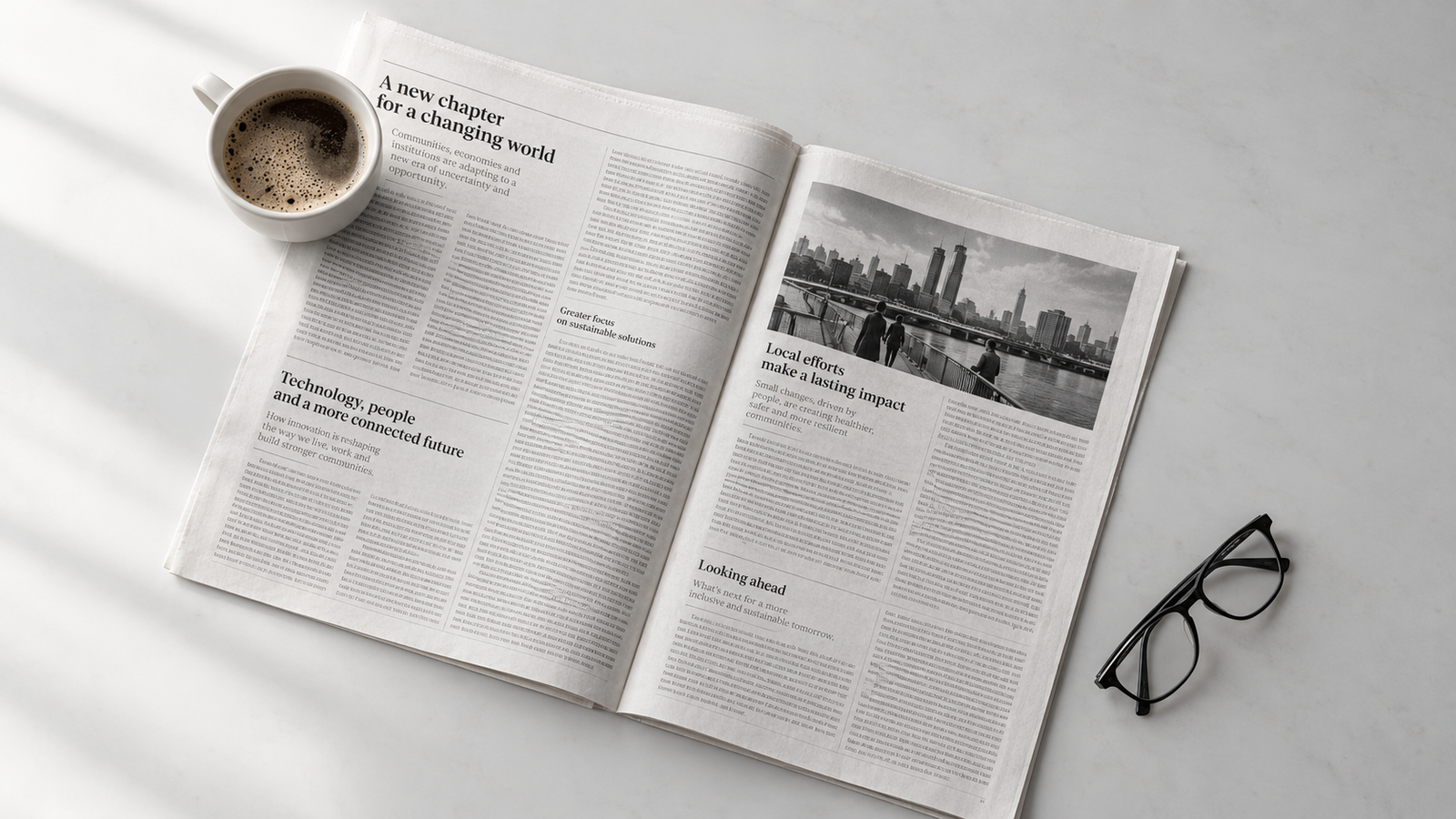 A newspaper, reading glasses and coffee on a desk